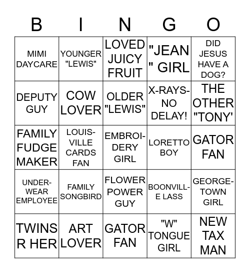 Blackburn Family 2013 Bingo Card