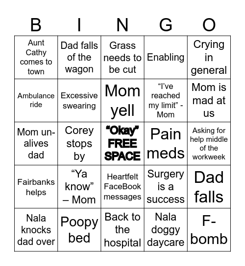 Dad Comes Home From Surgery Bingo Card