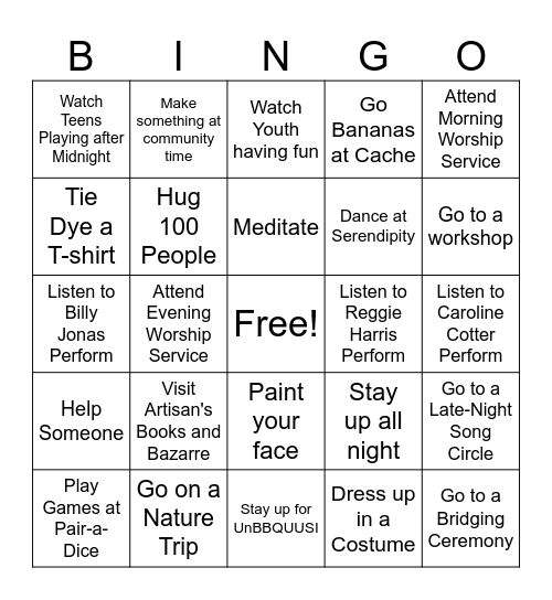 Community Time Bingo- Friday Bingo Card