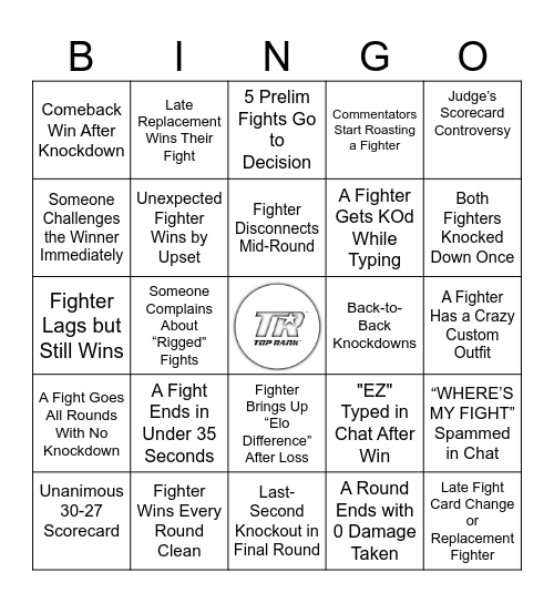 Top Rank Event Bingo (With Prelims) Bingo Card