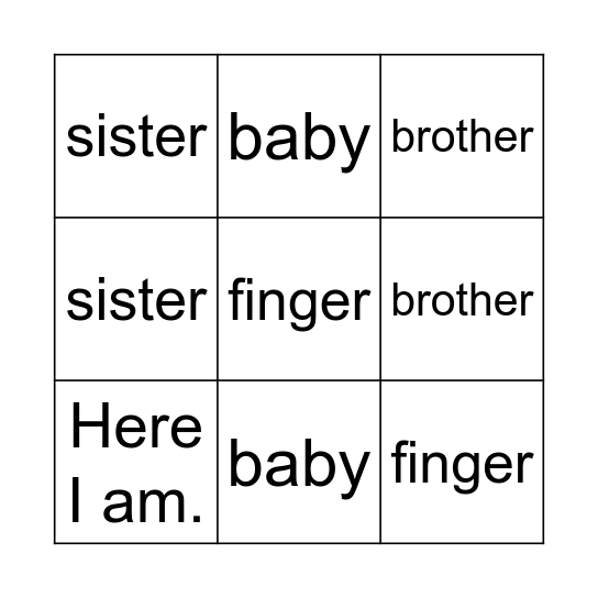 Finger Family Bingo Card