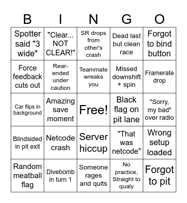 Iracing Bingo Card
