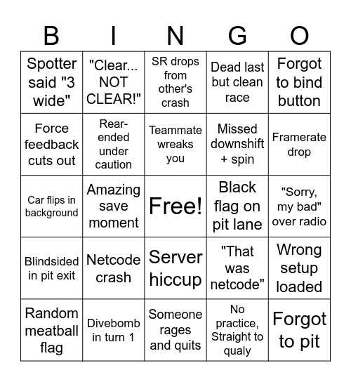Iracing Bingo Card