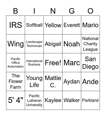 Perez & Wing Wedding Shower Bingo Card