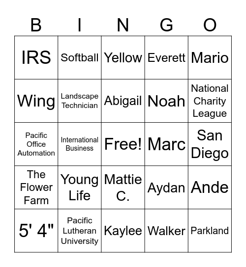 Perez & Wing Wedding Shower Bingo Card