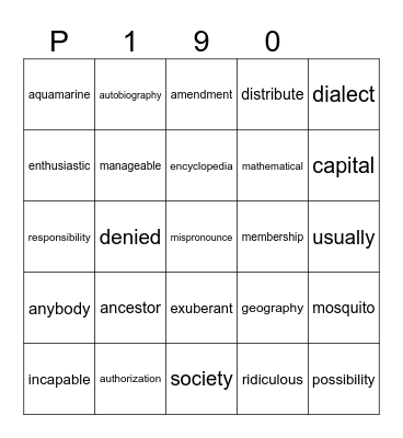 P 190 Bingo Card