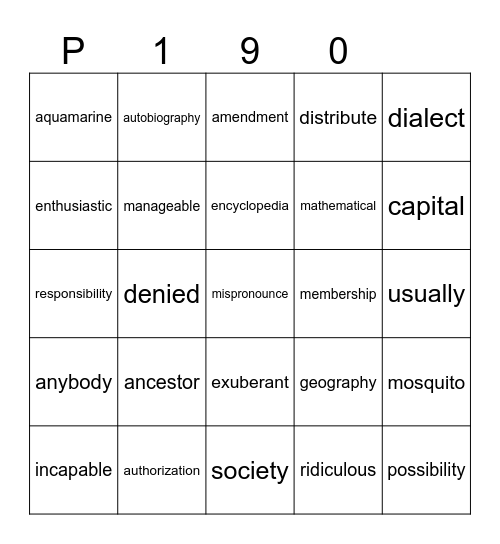 P 190 Bingo Card