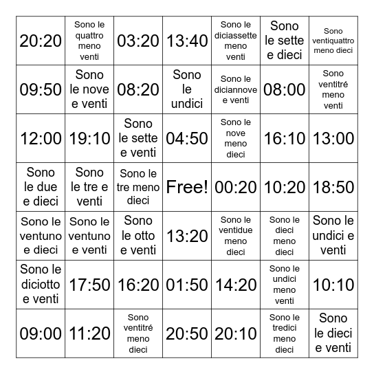 24-HOUR CLOCK Bingo Card