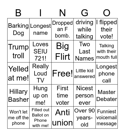 GOTV PHONE BANK BINGO Card