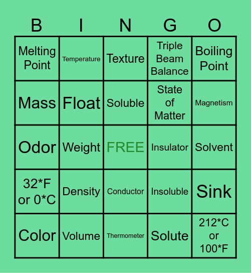 Properties of Matter Bingo Card