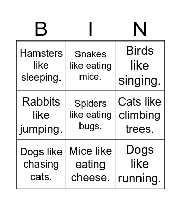 Animal  Bingo Card