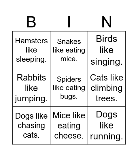 Animal  Bingo Card