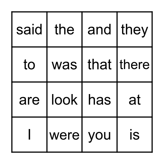 Sight Word Bingo Card