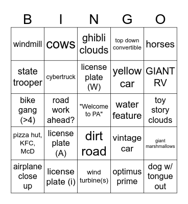 Hershey PA Bingo Card