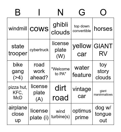 Hershey PA Bingo Card