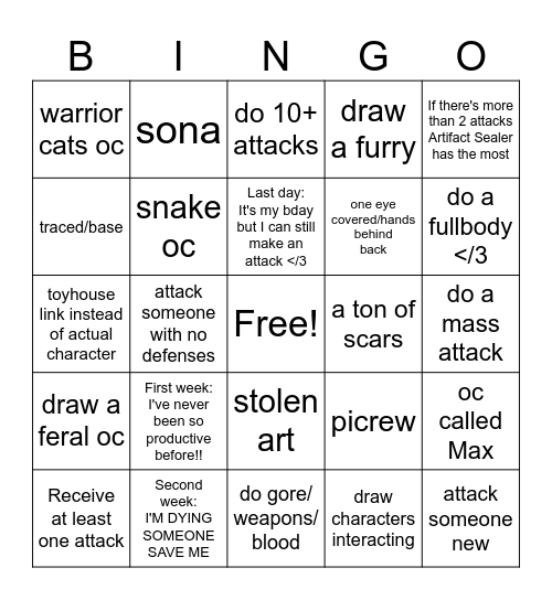 Artfight 2025 Bingo Card