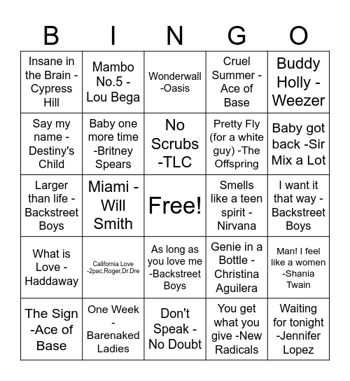 90s MUSIC BINGO Card