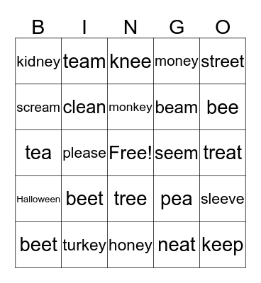 Long E Words Bingo Card