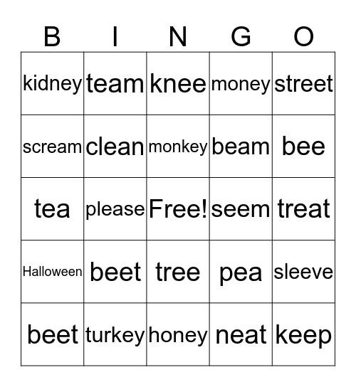 Long E Words Bingo Card
