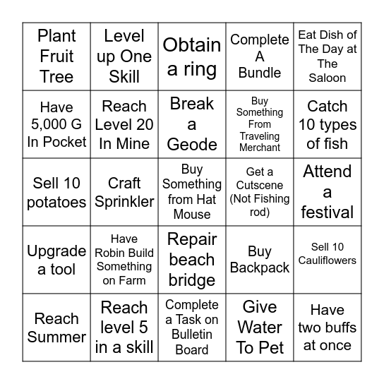 Stardew Valley Lockout Bingo Card
