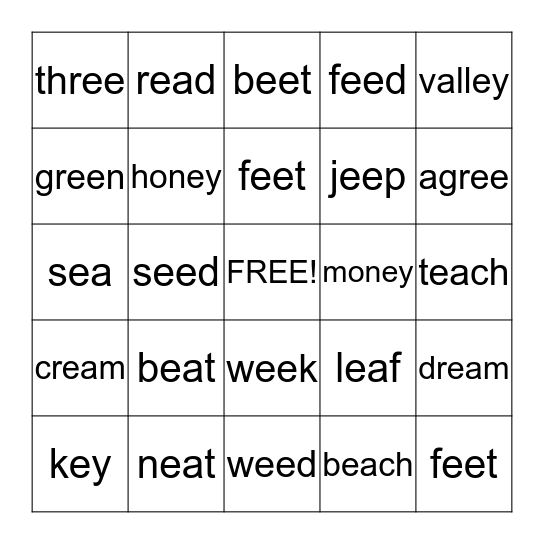 Long E Words Bingo Card