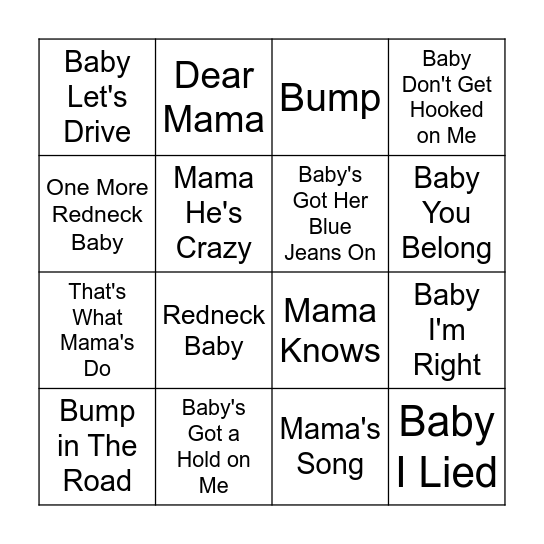 Baby Yeomans Music Bingo Card
