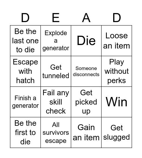 DBD survivor bingo Card
