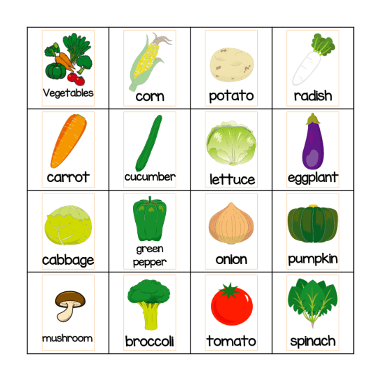 Vegetable Bingo Card