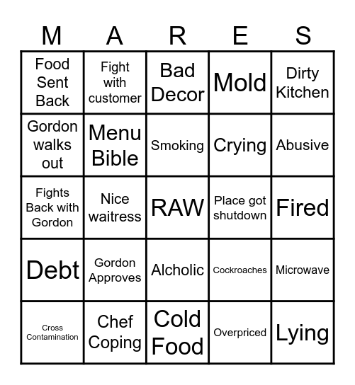 Kitchen Nightmares Bingo Card