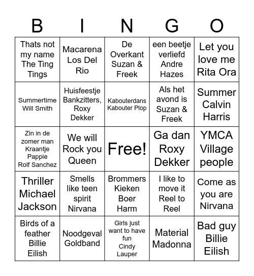 Muziek Bingo Card