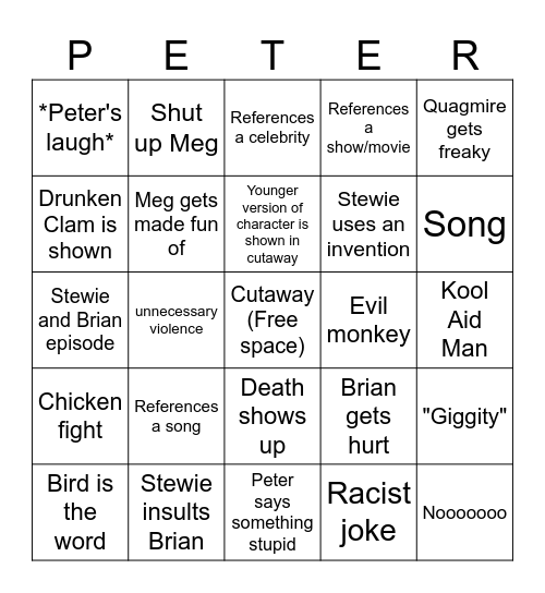Family Guy Bingo Card