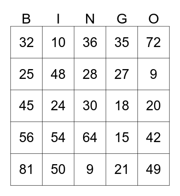 Multiplication Bingo Card