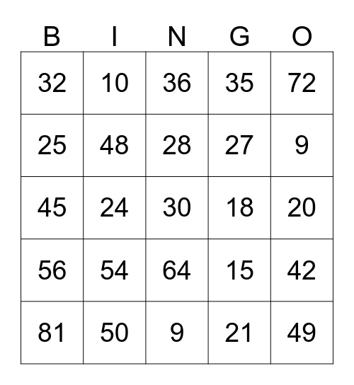 Multiplication Bingo Card