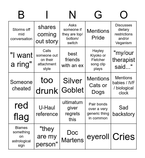 Queer Ultimatum Season 2 Premiere Bingo Card
