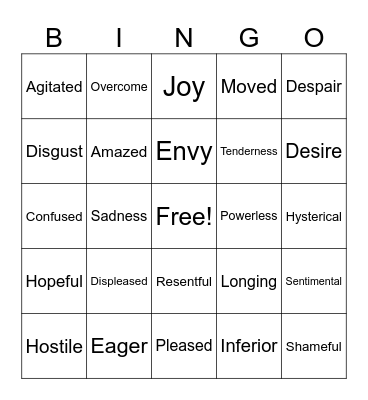 Wheel of Emotions Bingo Card