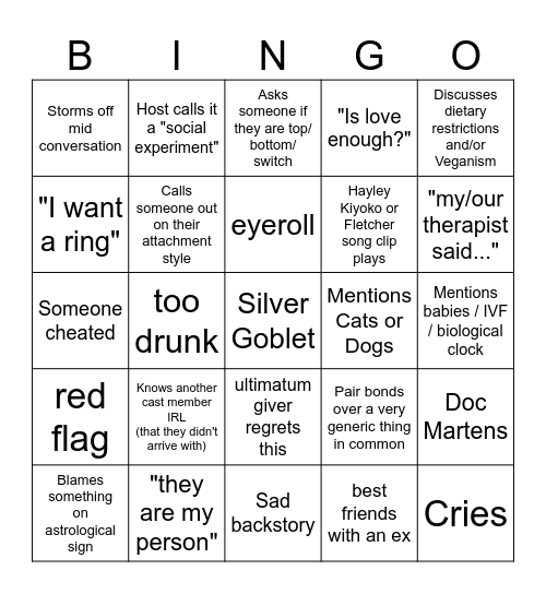 Queer Ultimatum Season 2 Premiere Bingo Card
