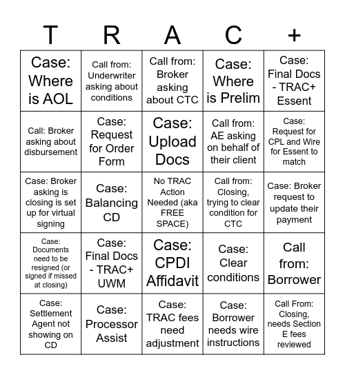 TRAC ASSIST BINGO Card