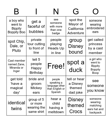 Disney day Bingo Card