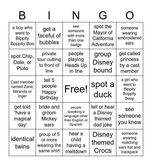 Disney day Bingo Card