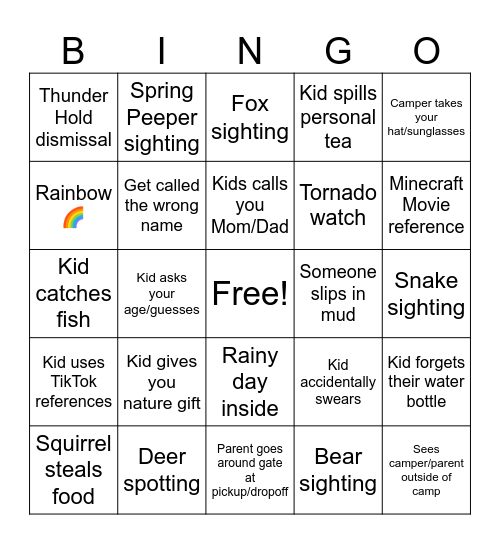 Camp Foxfire Bingo Card