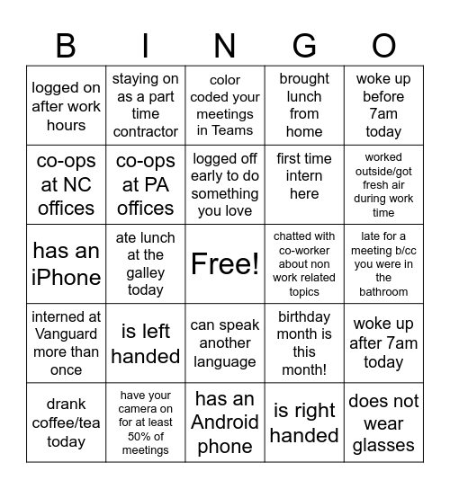 Co-op Social Bingo Card