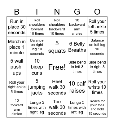 Exercise Bingo Card