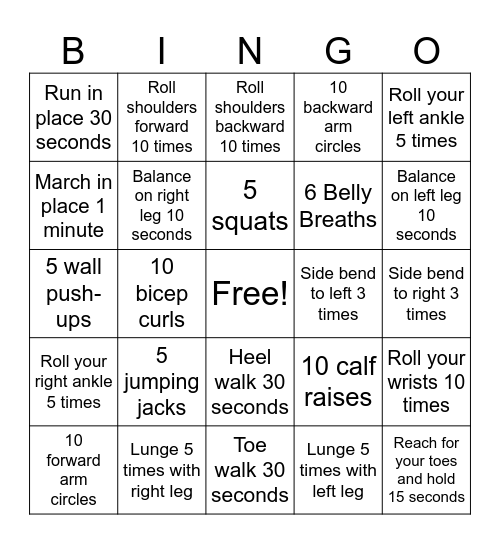 Exercise Bingo Card