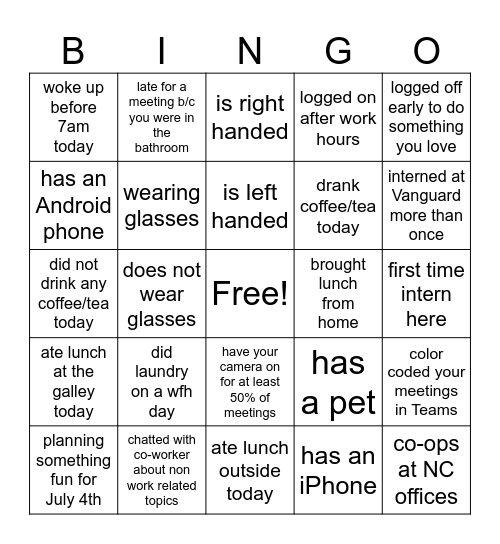 Co-op Social Bingo Card