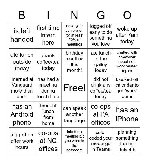 Co-op Social Bingo Card