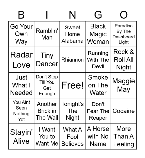70's Rock Bingo Card