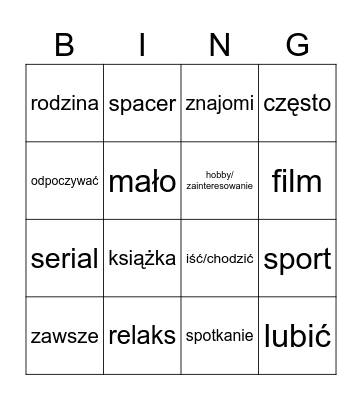 Czas wolny Bingo Card