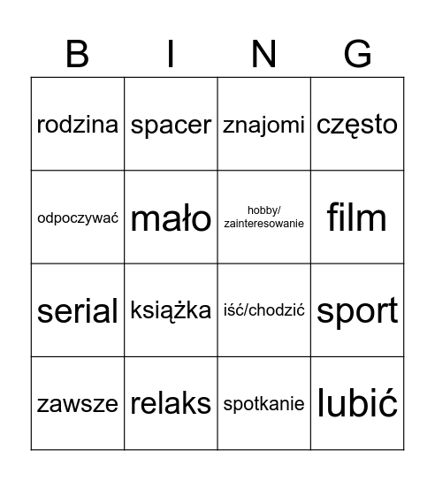 Czas wolny Bingo Card