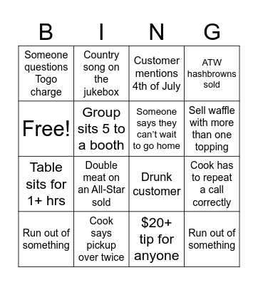 Waffle House Bingo Card