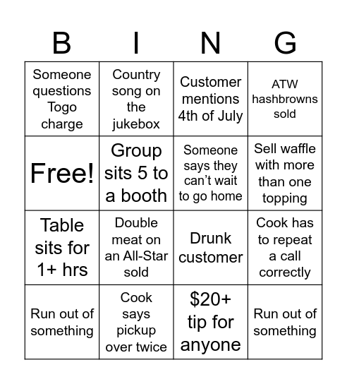 Waffle House Bingo Card